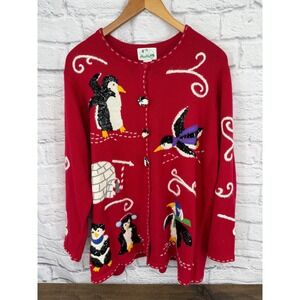 Vintage Quacker Factory Red Penguin Sequin Cardigan Sweater 1X  Cottagecore